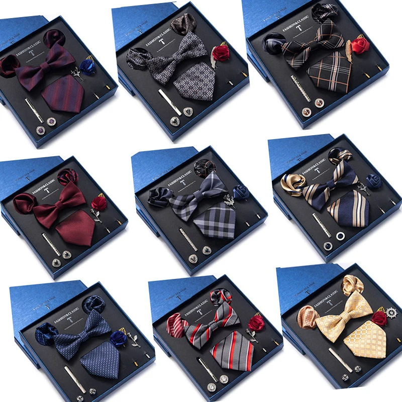 

Men's Tie Set Gift Box Fashion Brand Bowtie Pocket Squares Brooch Cufflinks Clip Suit For Mens Necktie Wedding Party