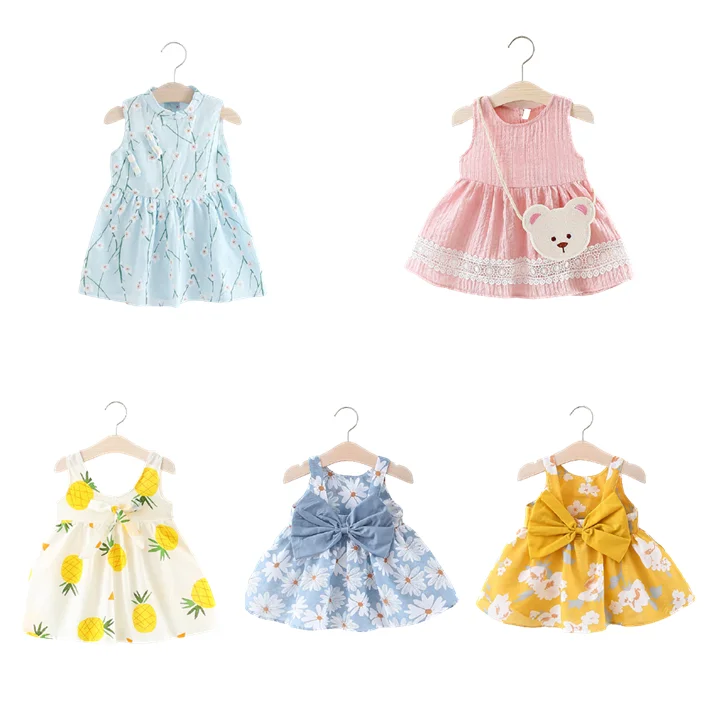 

Sleeveless 2021 hot selling suspender printing fruit cute flower button bow solid color girls baby dress for summer, As pic shows, we can according to your request also