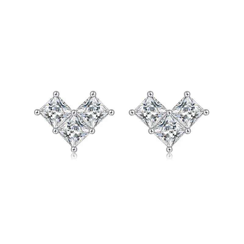 

S925 Sterling Silver Moissanite Heart Shaped Earrings Classic Square Diamond Plated 18K White Gold Earrings Jewelry Wholesale