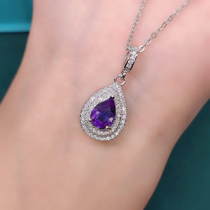 

Fashion Jewelry Exquisite Water Drop Pear Shaped Pendant Necklace Inlay Purple Cubic Zircon Women's Wedding Party Accessories, Picture shows