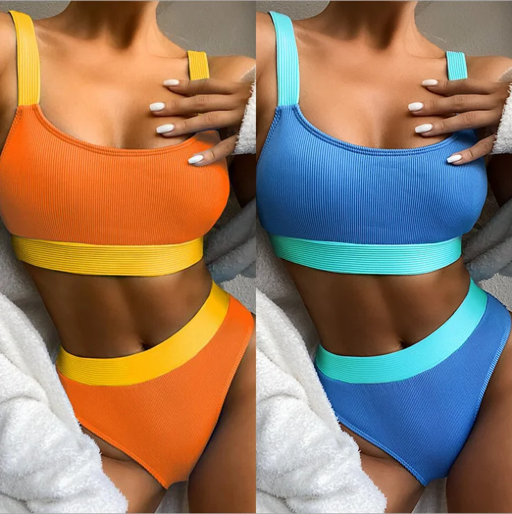 

Hot Women High Waist Swimsuit Two Piece Swimwear Underwear Set Bikinis Top and Bottom Splicing Hit Color Clothes, As the picture show