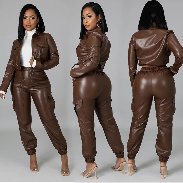

Custom Fall Short Jacket Pant Women Ladies Clothing Leather Streetwear Two Piece Set