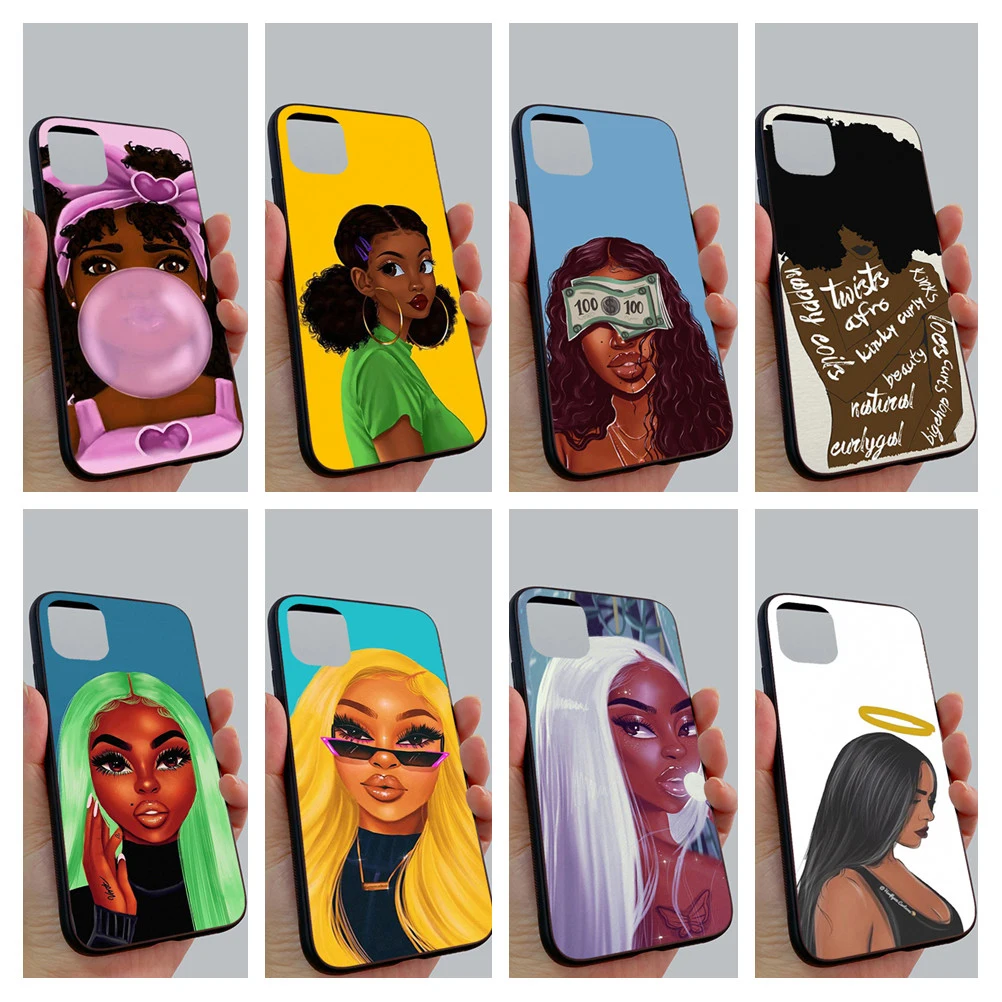 

Glass Back Case Black Is Beautiful Girl Art Soft Side Edge Phone Case For Iphone 5s se 6s 7 8 plus 11 12 mini pro max TPU Cover