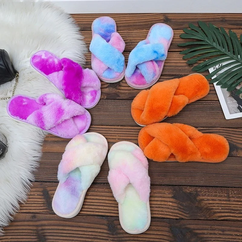 

DALL 1568 New Arrival fall and winter wear women rainbow fur fashion slippers thicken soles fur slippers, As picture or customized make