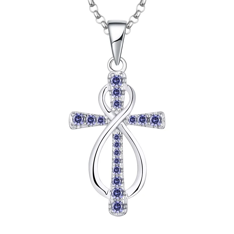 

2022 Wholesale 925 Sterling Silver 3A Purple Color Stone Infinity Cross Pendant Necklace Jewelry rhodium plated for Women