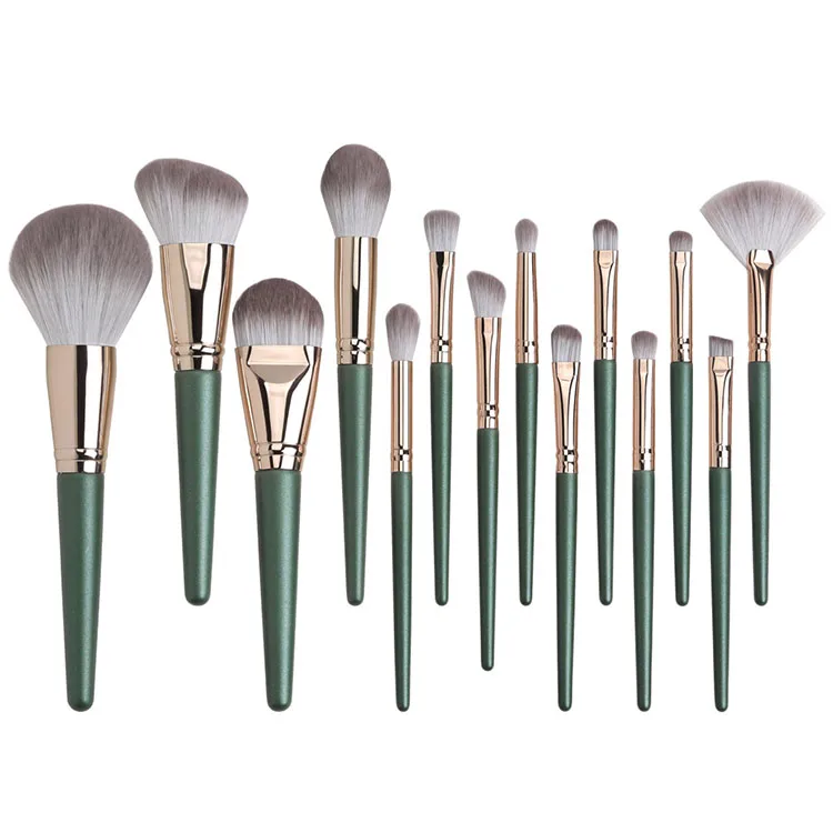 

LOW MOQ Personalized 14pcs Vegan Green Makeup Brush Sets With Bag Wholesale Professional Custom Logo Plastic Handle Makeup Brush