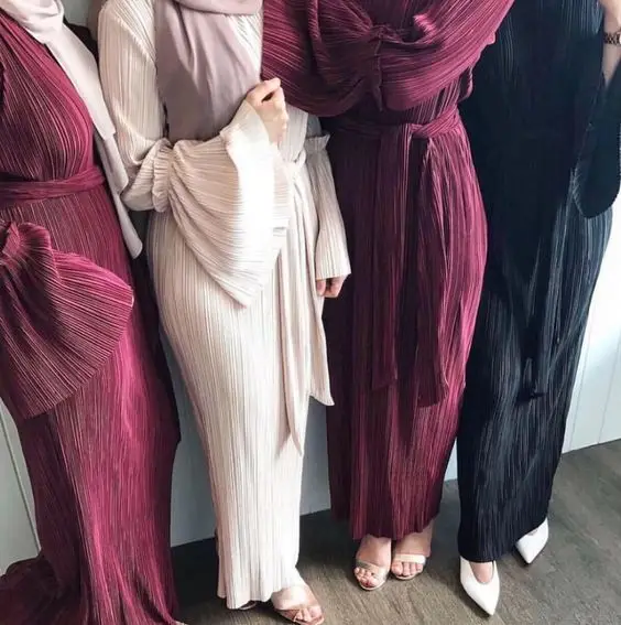 

Fashion Middle East Pleated Cotton Long Sleeves Loose Dress Arab Turkish Robe Dress With Belt, Red,pink,black