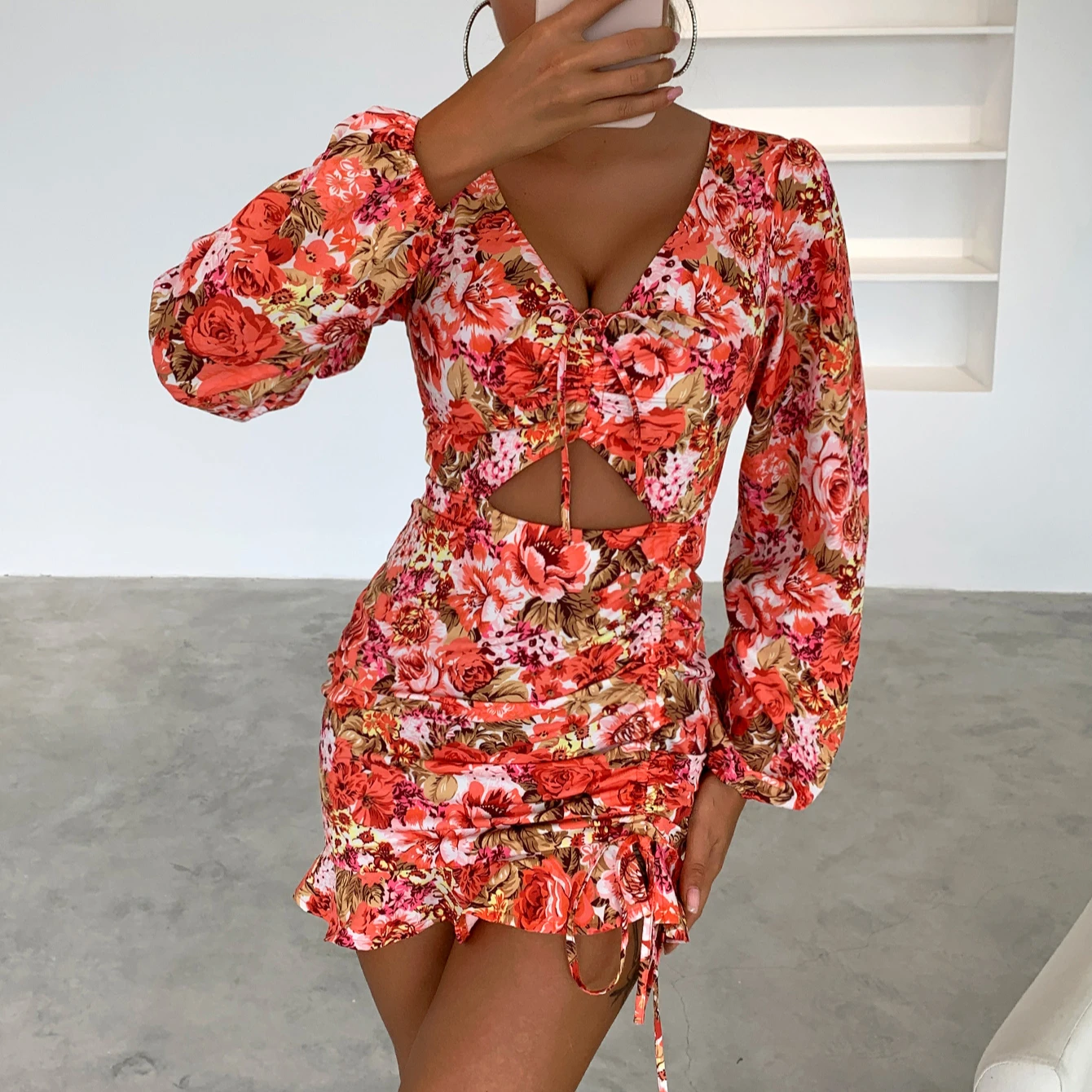 

2022 Fall Women V Neck Long Sleeve Floral Ruffle Dress Fashion Sexy Skinny Hip Lift Party Dress Casual, Red