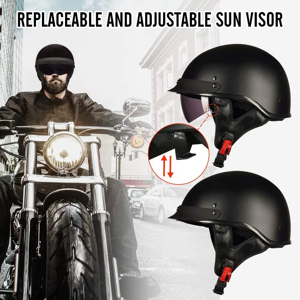 ILM Half Helmet Motorcycle Open Face Sun Visor Quick Release Buckle DOT Approved Cycling Motocross Suits Men Women XL, Matt Black 
