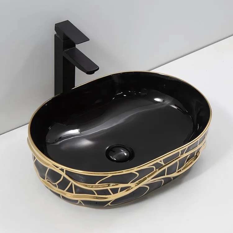 black-sink-bowl-bathroom-9822-E-577-perspective-detail-sculpted-gold-wave-ribbon-mirror-obsidian-basin