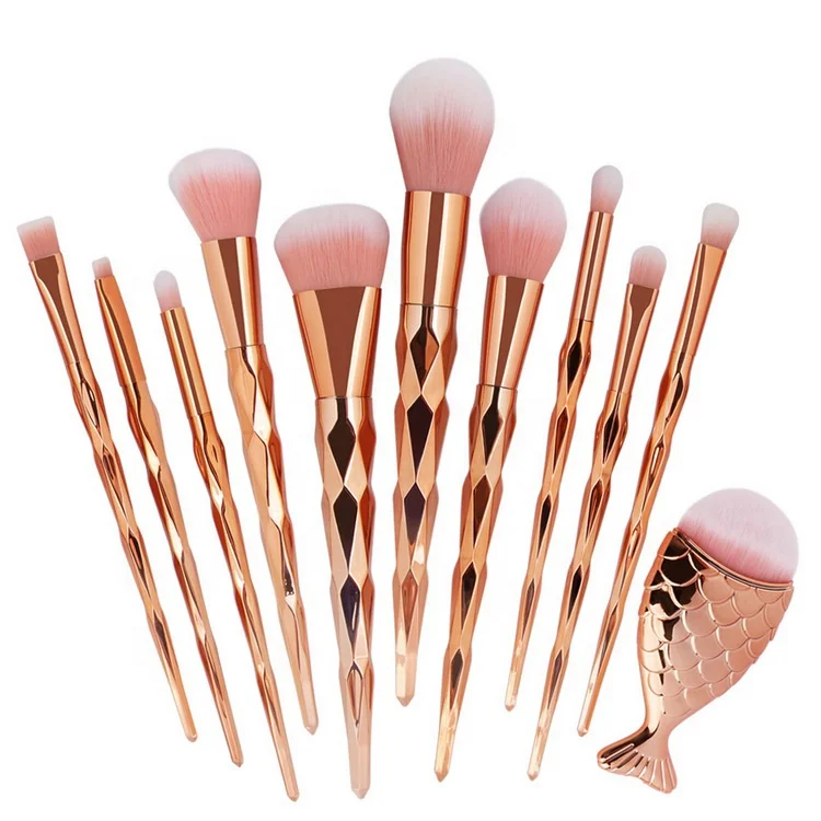 

BEAU FLY 11pcs Women Makeup Brushes Sets Plus one Mermaid Diamond Handle Spiral Mermaid Makeup Brush Set, As pics