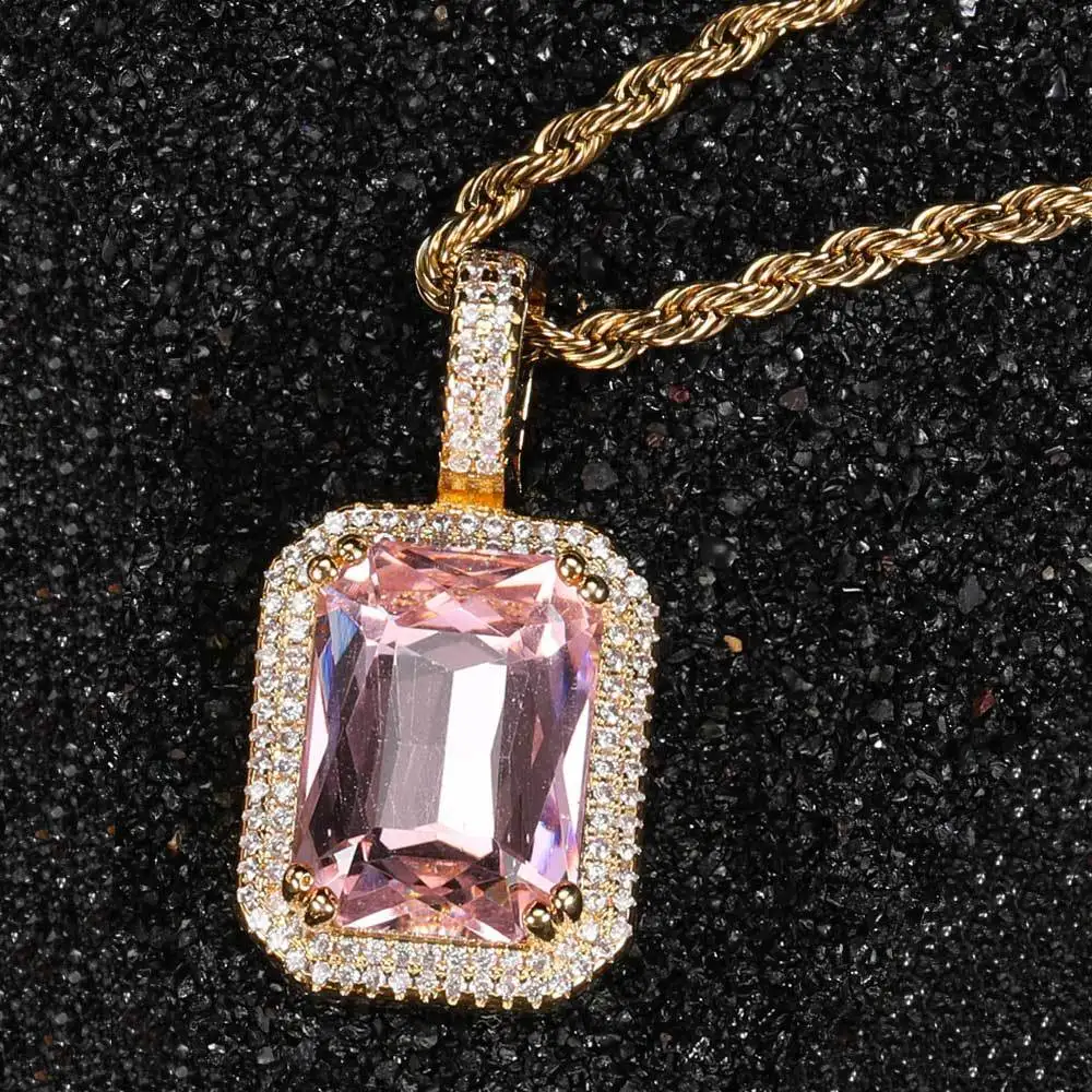 

factory direct sales HipHop Jewelry Solid Square Color Stone Pendant Copper Micro Set Zircon Cuban Chain Necklace for Women, Customizable