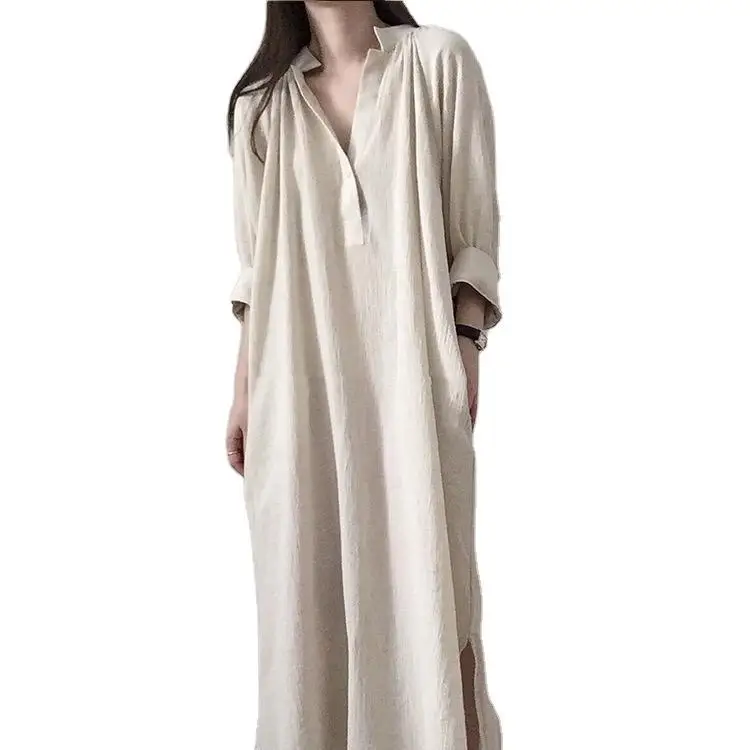 

Cotton Linen Dress For Women Loose Maxi Dress Beige Long Frock New Fashion Ladies Casual Split Shirt Dress classy women Clothing