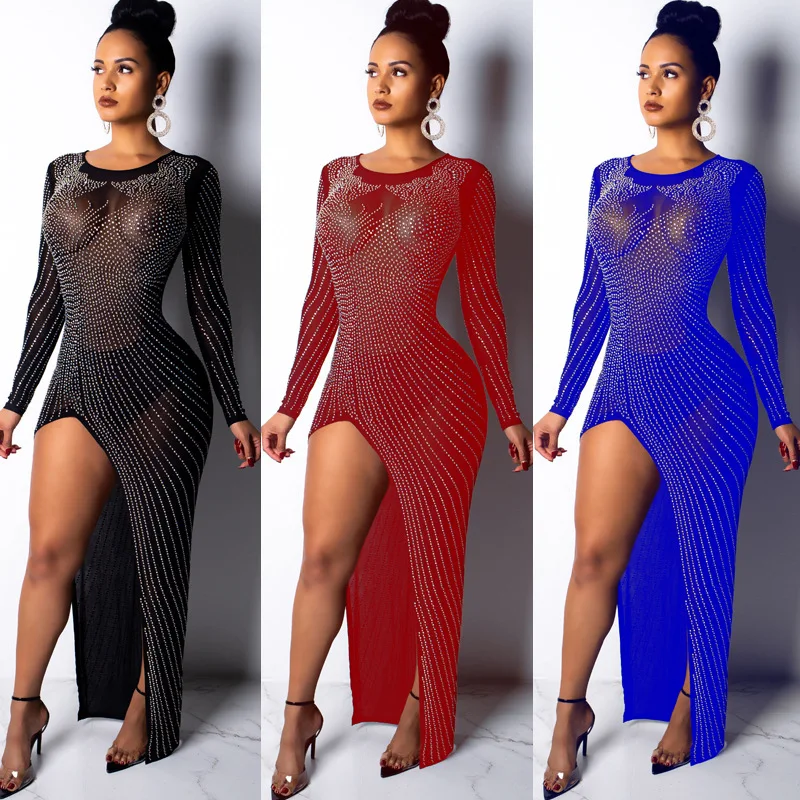 

WW-0788 Long-sleeved White Gauze Perspective Hot Drilling Fork Sexy Dress Party Dress Sexy Night Slit Long Sleeve Long Dress, Customized color