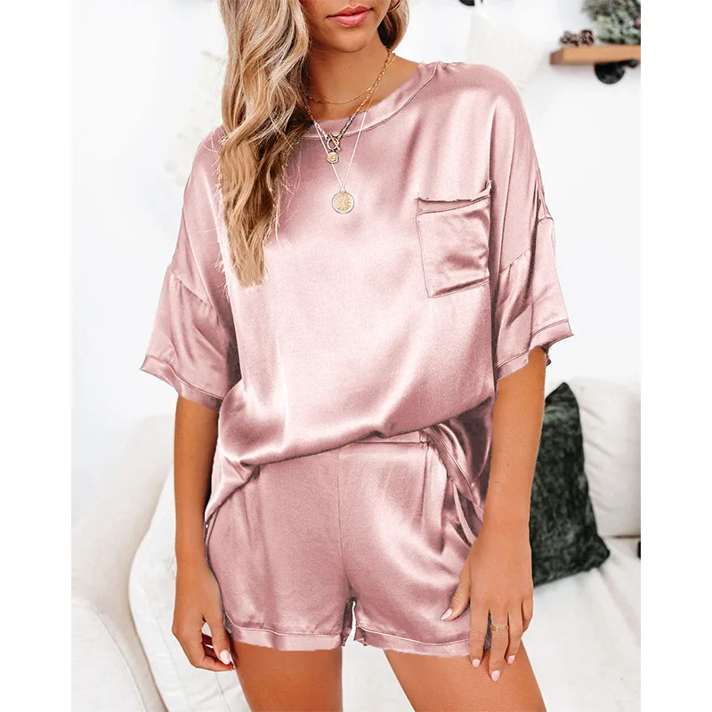 

2021 summer lady 2 piece loungewear set short sleeve top and shorts satin sleepwear women pajama, Red,navy,white,pink,black,green,blue