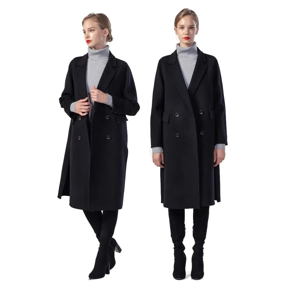 

2020 Fashion winter Slim Cashmere Fur 100% wool handmade long coat for women, Black