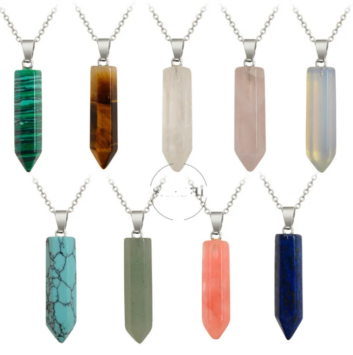 

European Hexagonal Column Natural Stone Pendant Necklace Crystal Quartz Healing Gemstone Charm Necklace