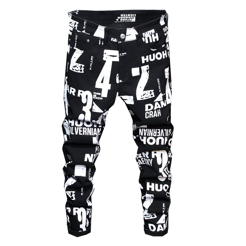 

Hot spring and autumn stretch tight pencil Print men'sl jeans pants, Black