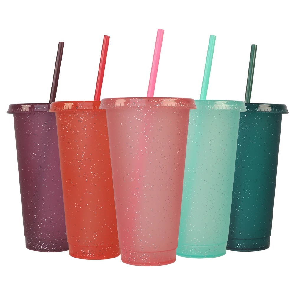 

Frosted Custom Tumbler Logo 24oz Cold Reusable Water Plastic Glitter Cup With Straw