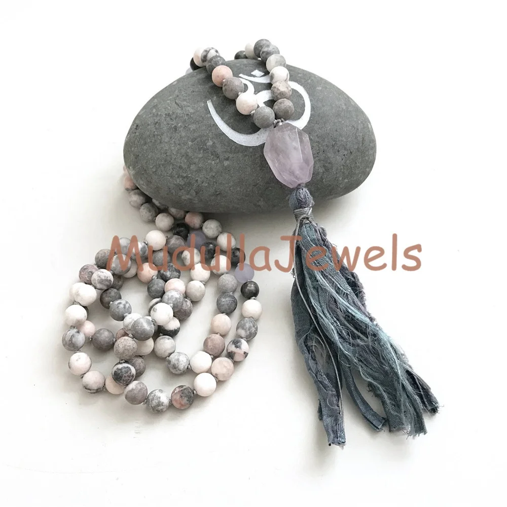 

MN20657 Amethyst Guru 108 Mala Necklace Pink Zebra Jasper Labradorite Jade Mala with Sari Silk Tassel Necklace, Picture