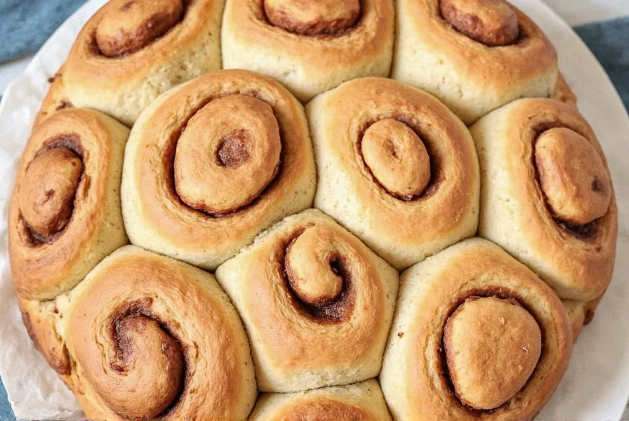 Close-up of soft vegan cinnamon buns with glossy vegan cream cheese frosting on wooden baking sheet