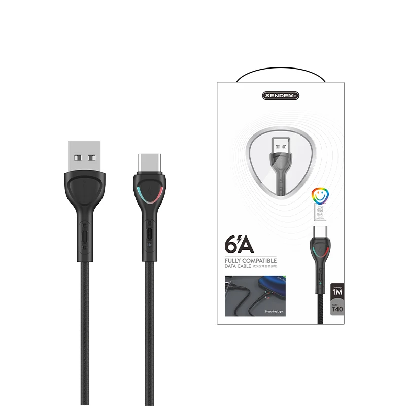 

Liquid Silicone Fast Charging Usb Transmission TPE 1M 6A Data Line Gradient Led Indicator Type C Cable For Samsung Xiaomi Huawei, White, black