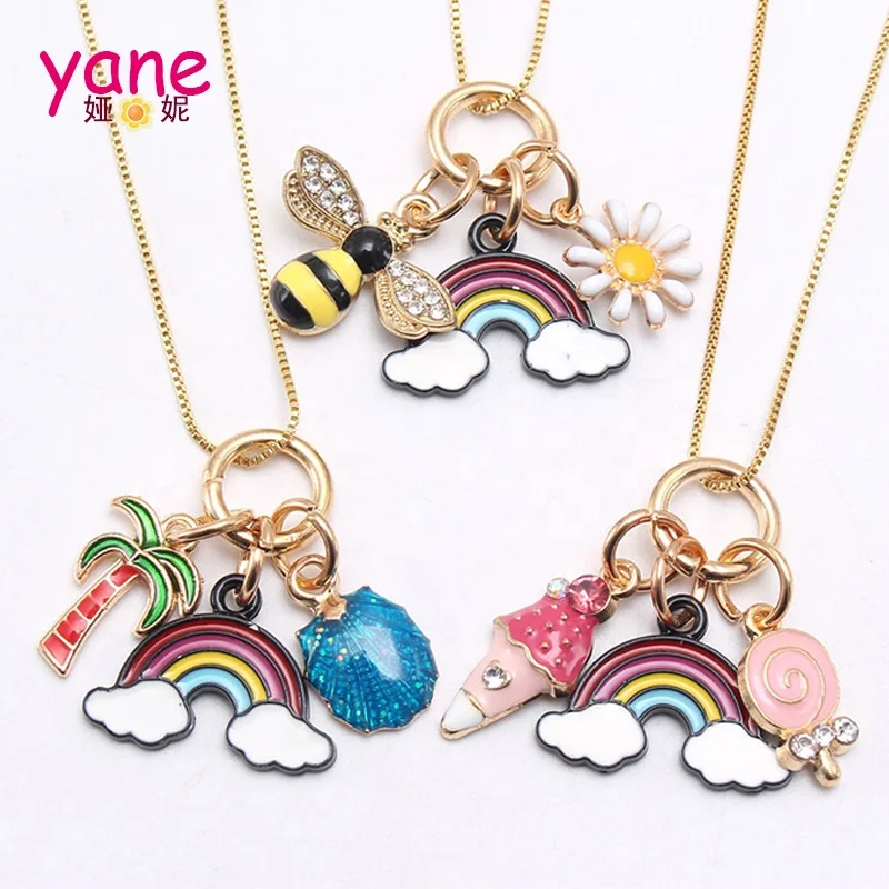 

Rainbow Rhinestone Pendant Chain Necklace Cartoon Drip Gold Plated Heart Children Jewelry Sets Gift For Girls, Custom made