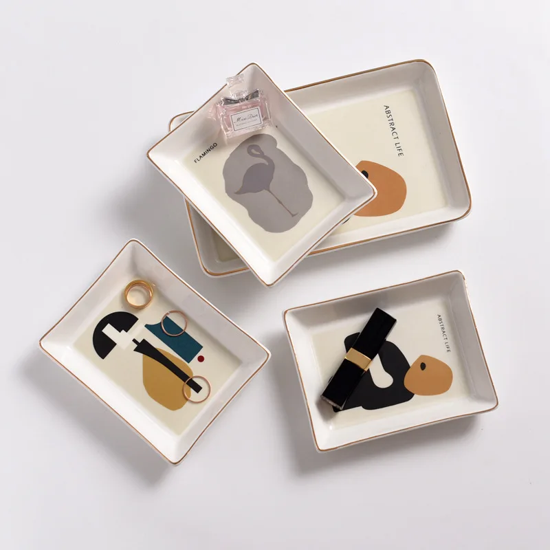 

creative glazed Nordic ins ceramic marble pattern storage jewelry tray, Gold