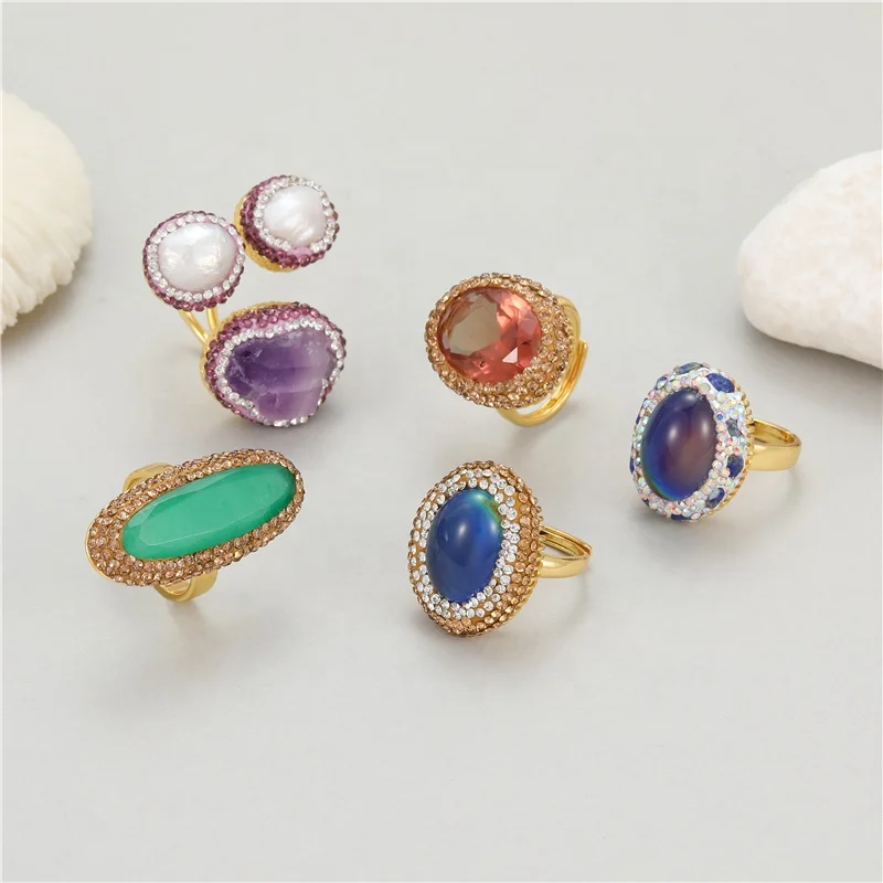 

Fashionable 18K Gold Gemstone Index Finger Ring Natural Thermostone Ring Women's Zircon Italian Textured Zircon Open Ring