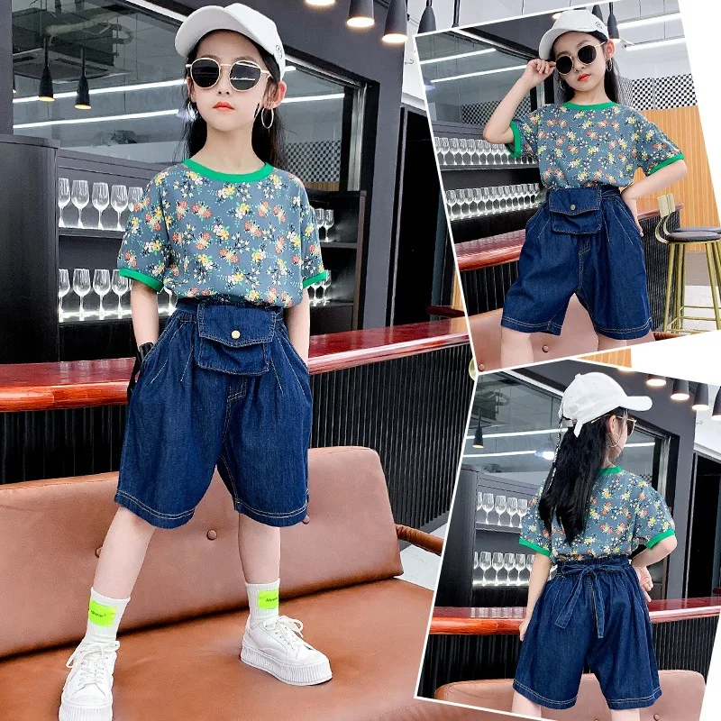 

New style summer girls printing short sleeve T shirt and jeans shorts 2 pieces clothing set for kids, Picture shows