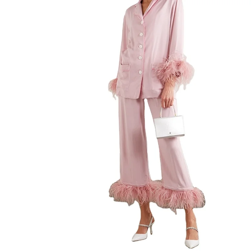 

Factory wholesale rayon woven pajamas long sleeve ostrich feather decorated party sleepwear with feather, Different designs