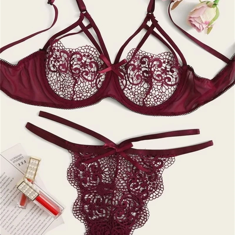 Women Sexy Underwear Floral Burgundy Transparent Bra With Unde Wire  & Brief Sets Lace Lingerie Solid Set