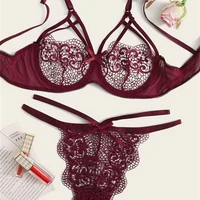 

Women Sexy Underwear Floral Burgundy Transparent Bra With Unde Wire & Brief Sets Lace Lingerie Solid Set