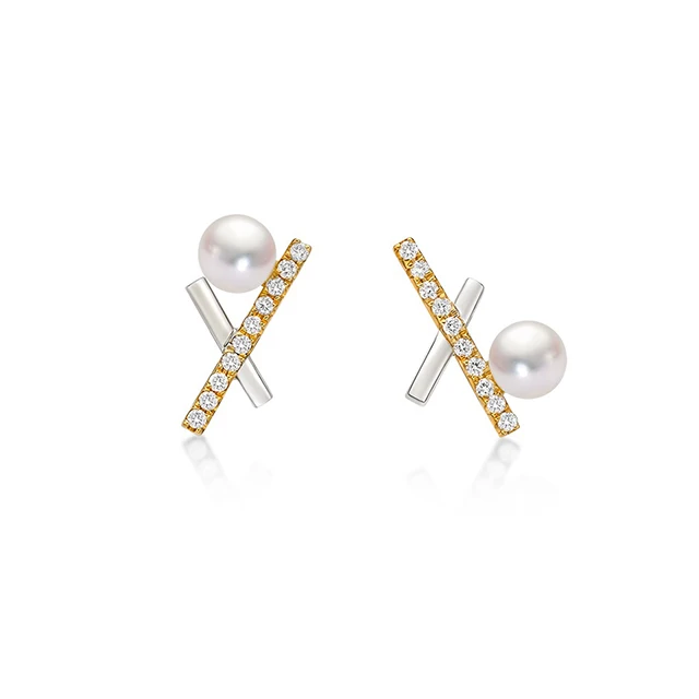 

Women's 18K Gold Natural Akoya Pearl and Diamond Earrings Criss Cross Geometric Dainty Stud Earrings Free Shipping