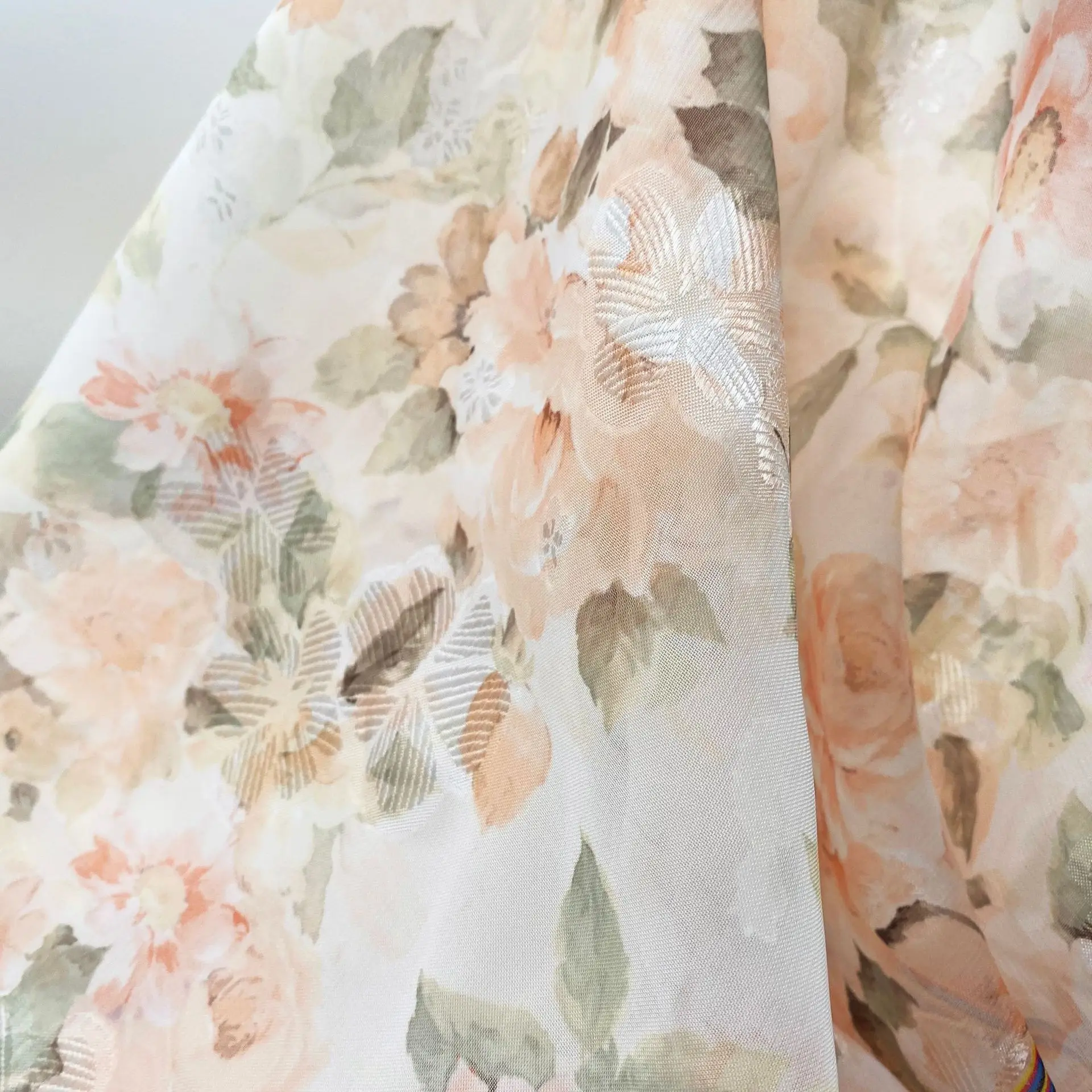 

New Fashion Design Lightweight Voile 100%Polyester Translucent Glittering Sliver Foiling Flowers Print Chiffon Fabric