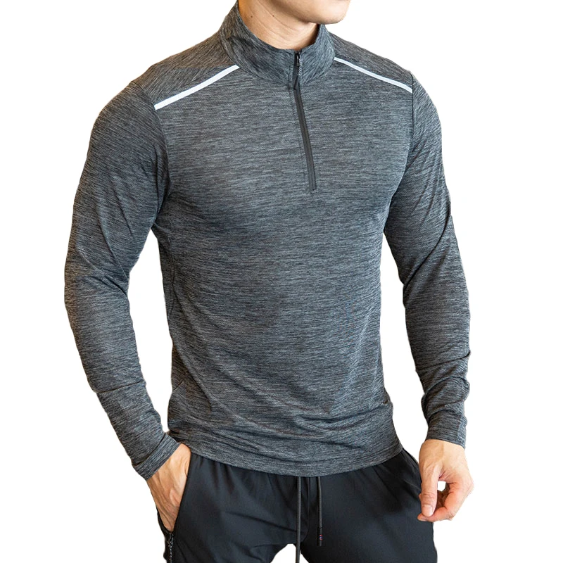 

High quality men sport wear polyester spandex half zipper jacket long sleeve shirts