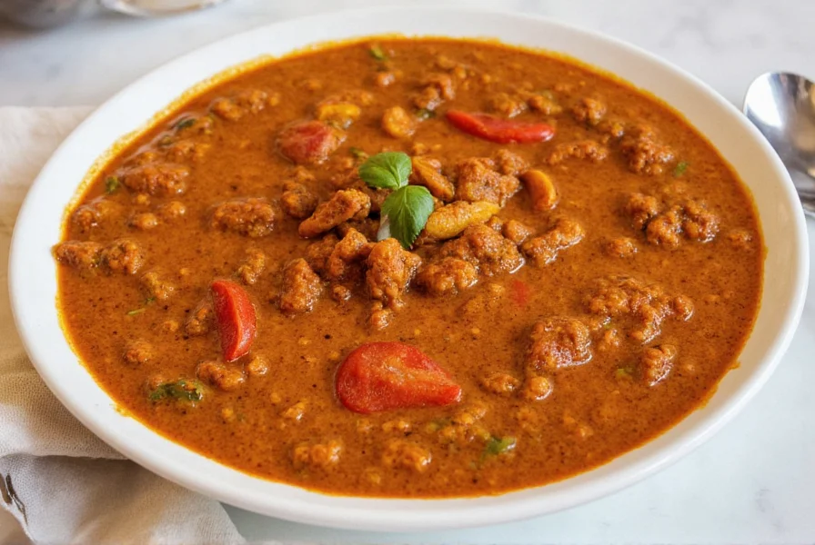 Finished curry served on a plate with rice and herbs