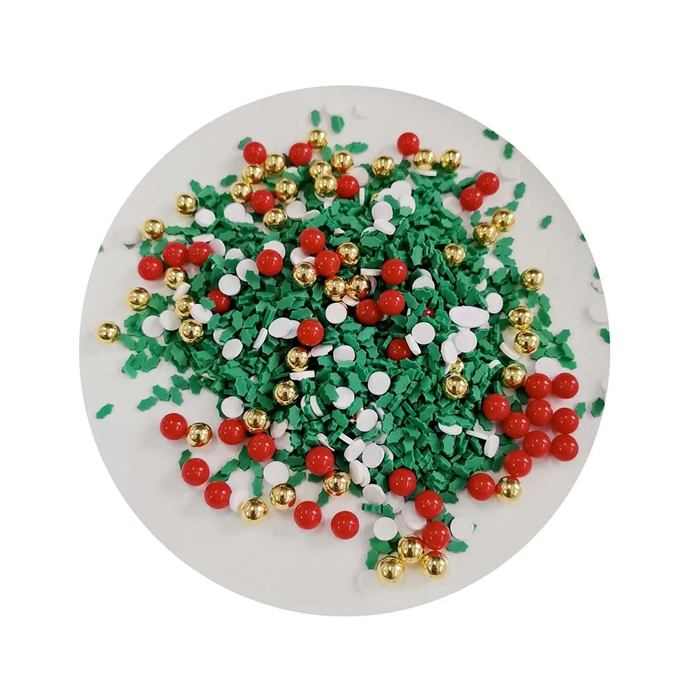 Polymer Holly Leaves Slice Christmas Hot Soft Clay Sprinkles With Red Balls for DIY Crafts Tiny Cute Plastic Klei Accessories