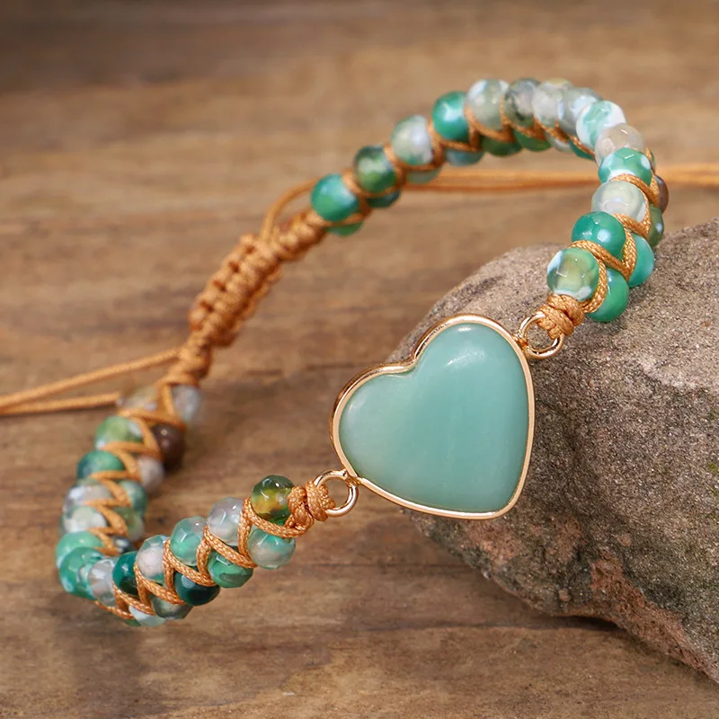 

Classic Love Heart Amazonite Charm Bracelets Adjustable Braided Round Natural Stone Beads Friendship String Bracelets(KB8455), As picture