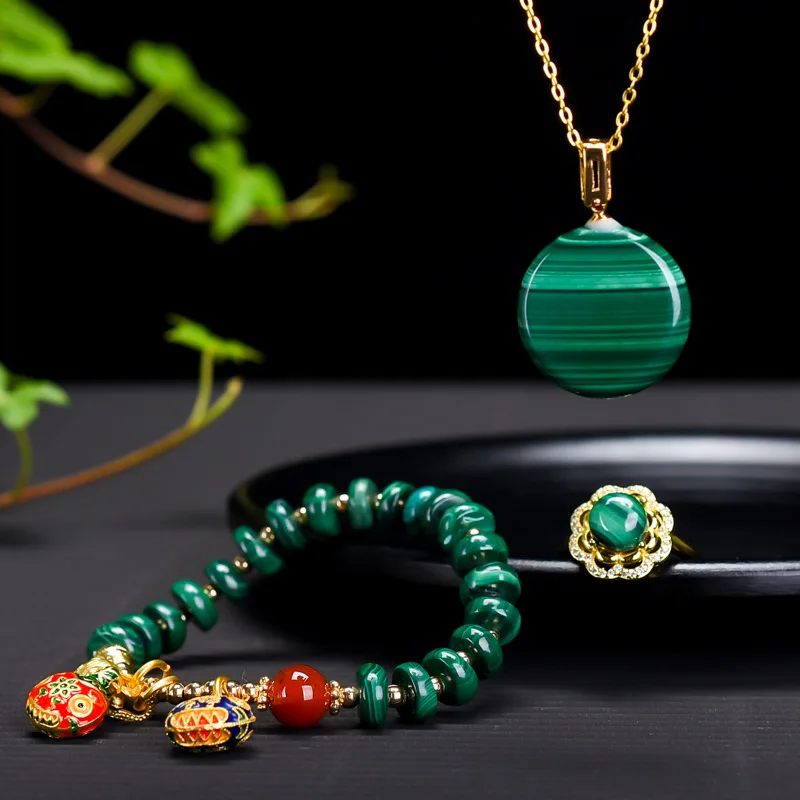 

Certified Natural Malachite Set Malachite Pendant Necklace Ring Swallowing Gold Beast Bracelet Three-Piece Set Jade Wholesale