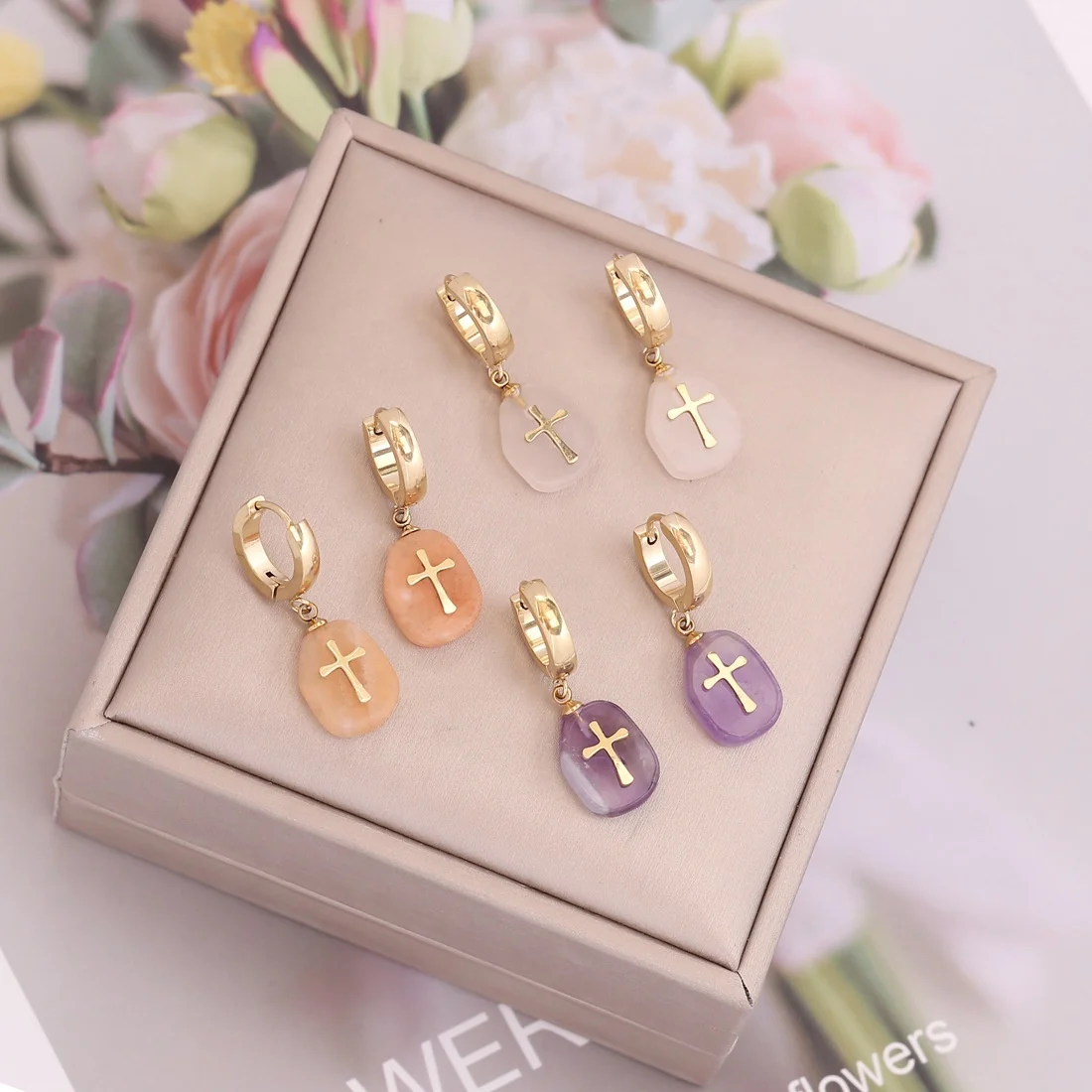 

New hip hop fashion jewelry women trendy punk hoop earring stainless steel simple natural stone cross mens dangle earrings, Gold and silver