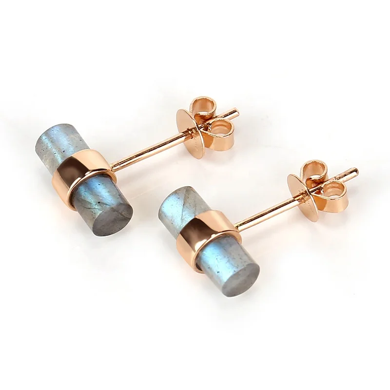 

New Design! 18k Gold Labradorite Gemstone Cylinder Earrings, Stud Earring, , 1.6g