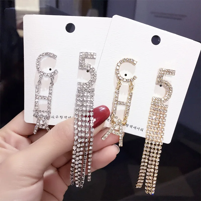 

Custom new simple earrings luxury super flash set rhinestone letter temperament fashion long earrings female tassel earrings