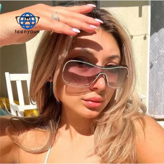 

Teenyoun Fashion Cool Trendy Shades One Piece Lens Oversized Large Frame Rimless Metal Outside Sunglasses 2023 New For Women