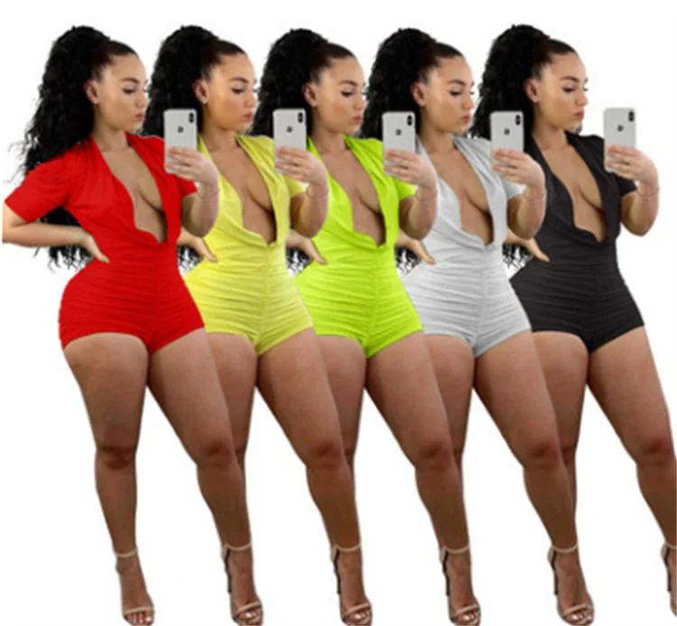 

2021 V neck pleated puff sleeve summer Bodysuits For Women Sexy Jumpsuit