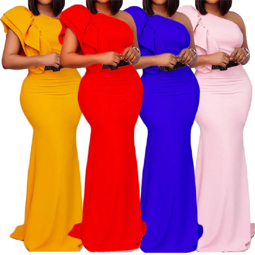 

C8427 Latest Design High Waist Slant Shoulder Slim Solid Color Satin Evening Dress Plus Size Maxi Dress For Ladies