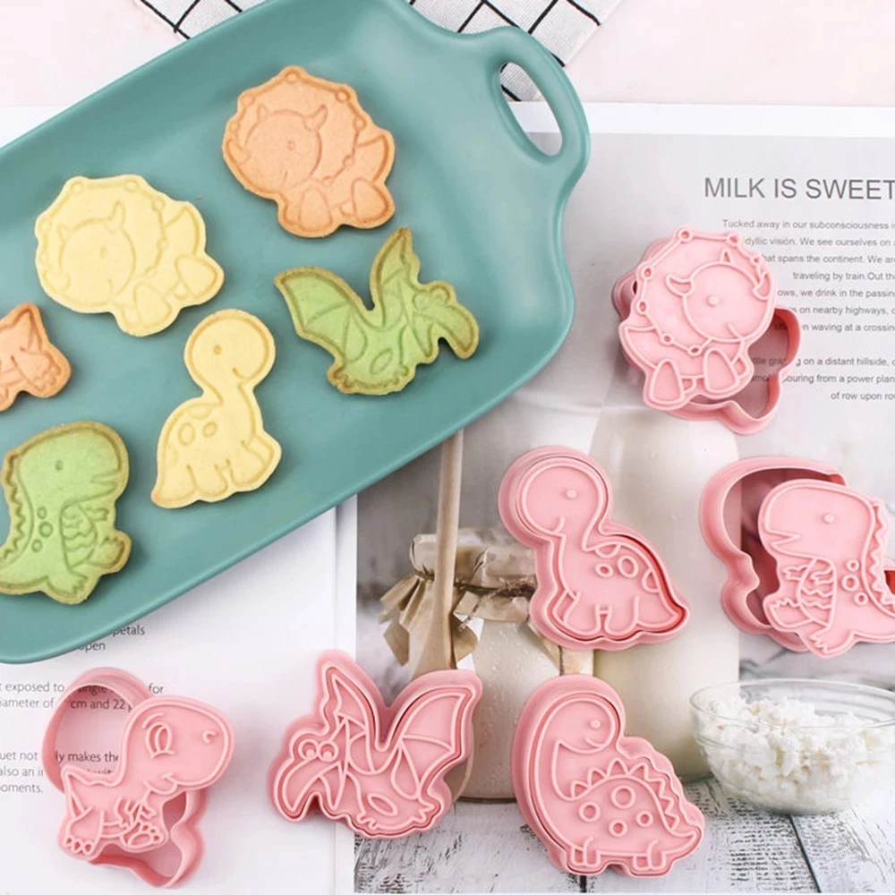 

Kitchen Baking Pastry Bakeware 3D Cartoon Pressable Biscuit Mold 6Pcs/set Dinosaur Shape Plastic Cookie Cutters, Pink