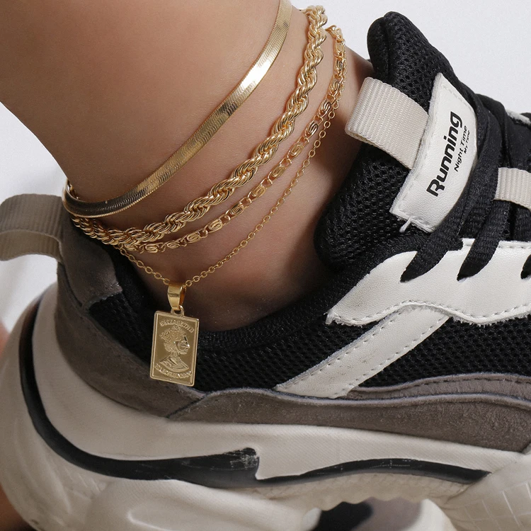 

Foot Jewelry Gold Plated Twist Multi Layers Snake Chain Anklet Queen Herringbone Anklet, Picture