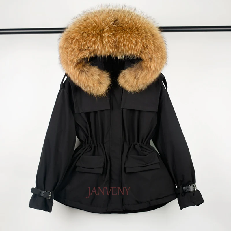 

JANVENY New Arrival 2021 Winter Waist Hooded Big Fur Collar Women's Short Thick Shawl 90% White Duck Down Jacket