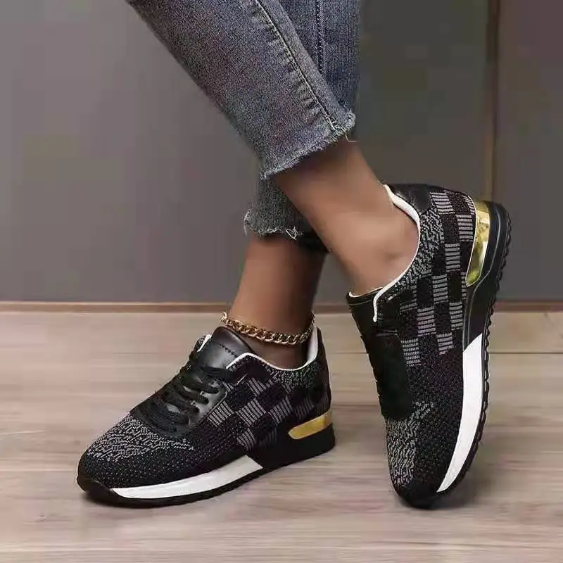 

checkers detail lace up front flatform women running shoes breathable and comfy lady footwear female knitted sneakers